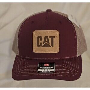 NWT Men's Caterpillar Trucker Hat With Leather Logo Patch Snapback Maroon & Tan